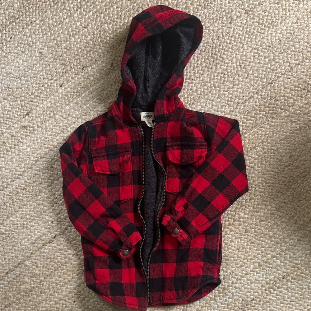 EUC Hatley Plaid Red and Black Kids Hooded zip up double layered sweater